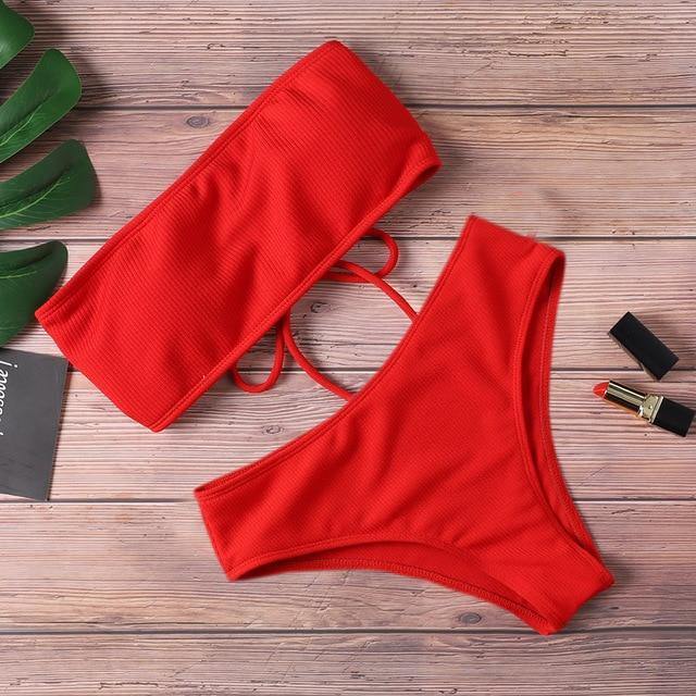 2020 New Bikini Women Swimwear High Waist Strapless Sexy Bikini Pure Color Women Swimsuit Padded Bathing Suit Monokin - souvikdeysample