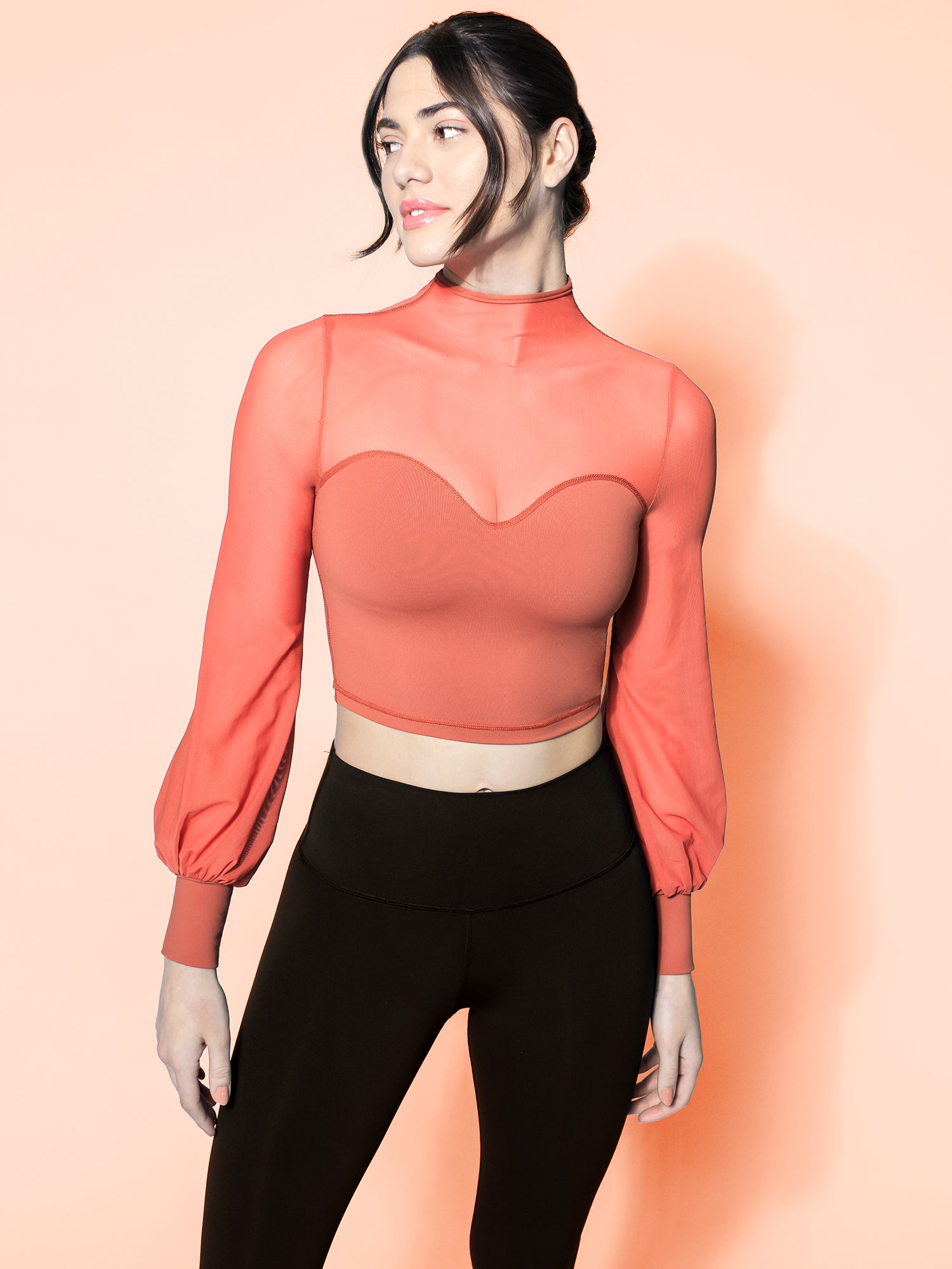 MESH ILLUSION PUFF SLEEVE CROP TOP, MAPLE/MAPLE MESH