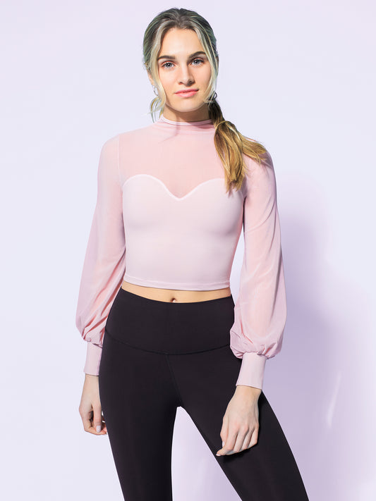 MESH ILLUSION PUFF SLEEVE CROP TOP, BLUSH/BLUSH MESH