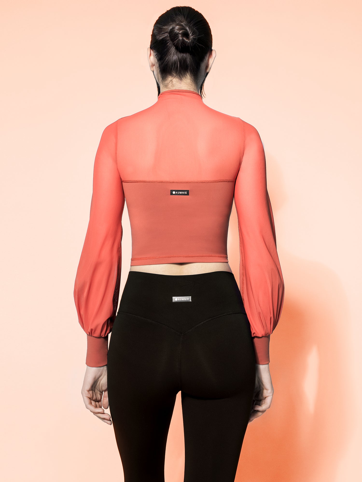 MESH ILLUSION PUFF SLEEVE CROP TOP, MAPLE/MAPLE MESH