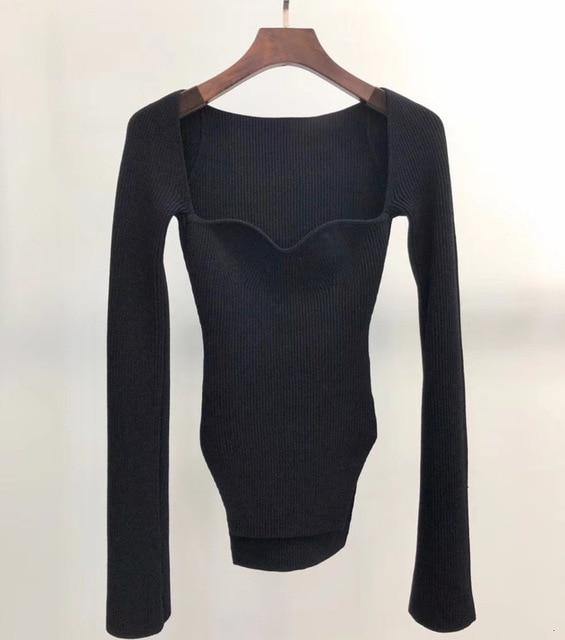 DEAT 2020 new spring and summer fashion women clothes cashmere sqaure collar full sleeves elastic high waist sexy pullover WK080 - souvikdeysample