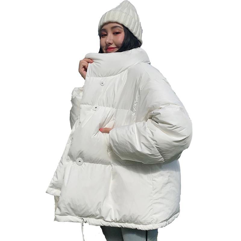 Korean Style 2019 Winter Jacket Women Stand Collar Solid Black White Female Down Coat Loose Oversized Womens Short Parka - souvikdeysample