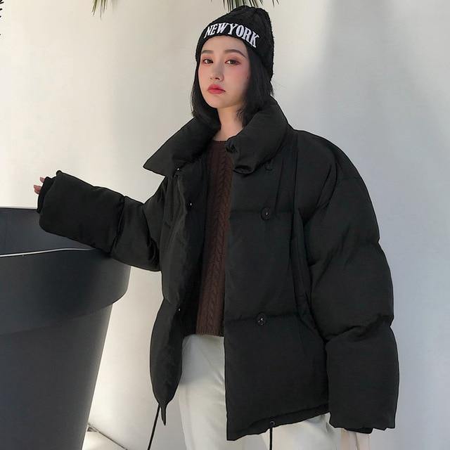 Korean Style 2019 Winter Jacket Women Stand Collar Solid Black White Female Down Coat Loose Oversized Womens Short Parka - souvikdeysample