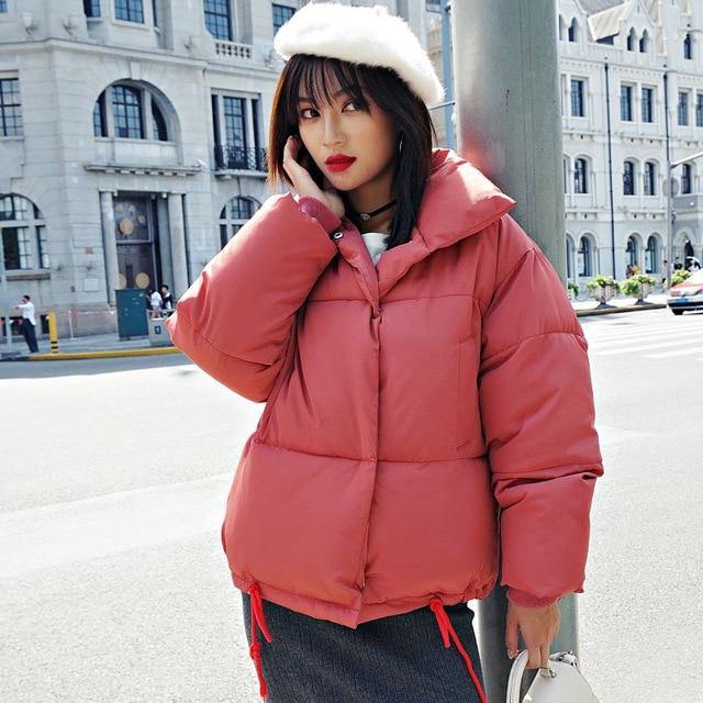 Korean Style 2019 Winter Jacket Women Stand Collar Solid Black White Female Down Coat Loose Oversized Womens Short Parka - souvikdeysample