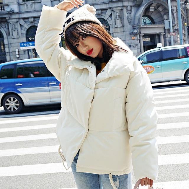 Korean Style 2019 Winter Jacket Women Stand Collar Solid Black White Female Down Coat Loose Oversized Womens Short Parka - souvikdeysample