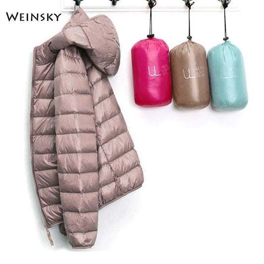 Winter Women Ultralight Thin Down Jacket White Duck Down Hooded Jackets Long Sleeve Warm Coat Parka Female Portable Outwear - souvikdeysample