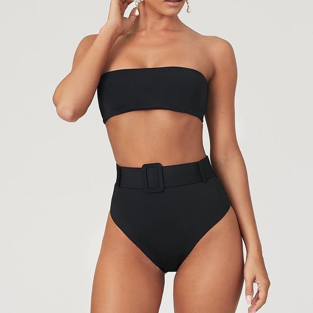 High Waist Bikini 2020 Sexy Black Swimwear Women Swimsuit High Leg Bandeau Bikinis Set Swimming for Bathing Suit Woman Swimsuits - souvikdeysample