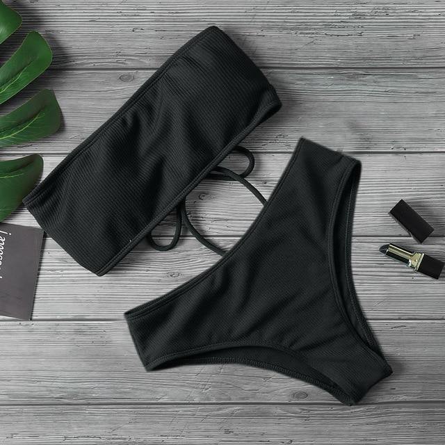 2020 New Bikini Women Swimwear High Waist Strapless Sexy Bikini Pure Color Women Swimsuit Padded Bathing Suit Monokin - souvikdeysample