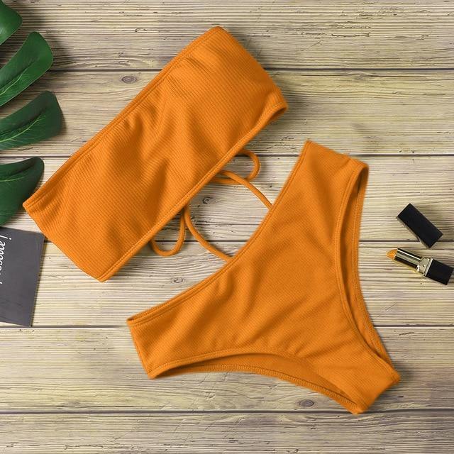 2020 New Bikini Women Swimwear High Waist Strapless Sexy Bikini Pure Color Women Swimsuit Padded Bathing Suit Monokin - souvikdeysample