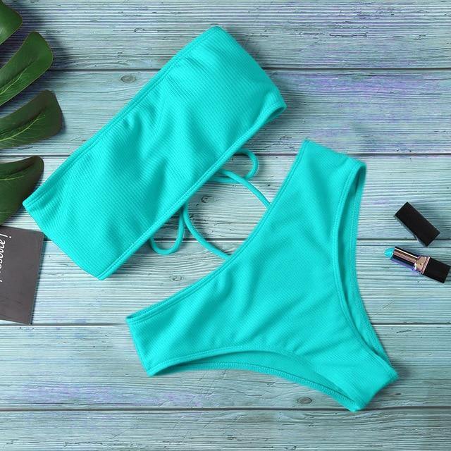 2020 New Bikini Women Swimwear High Waist Strapless Sexy Bikini Pure Color Women Swimsuit Padded Bathing Suit Monokin - souvikdeysample