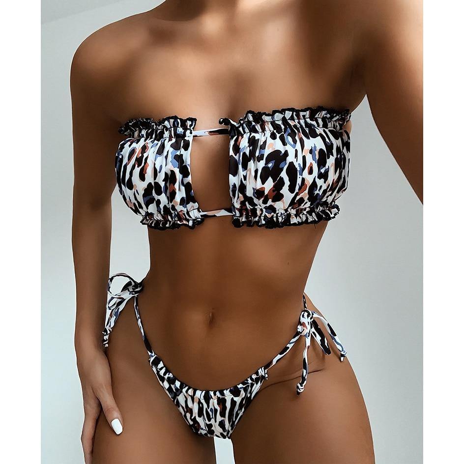 Sexy Bikini 2020 Pleated Bandeau Swimsuit Female Swimwear Women Mini Thong Bikini Set Bather Swimming Beachwear for Bathing Suit - souvikdeysample