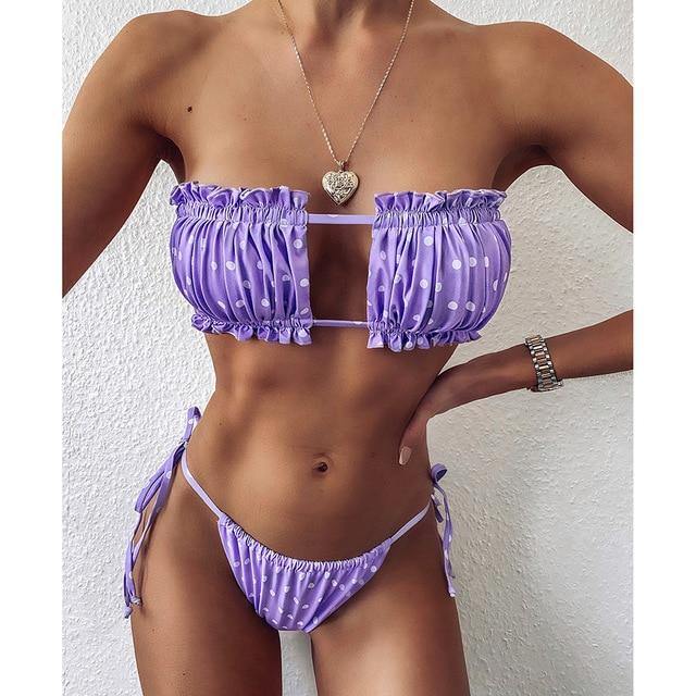Sexy Bikini 2020 Pleated Bandeau Swimsuit Female Swimwear Women Mini Thong Bikini Set Bather Swimming Beachwear for Bathing Suit - souvikdeysample