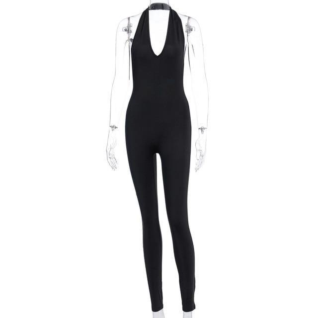 Simenual Solid Bodycon Halter Women Long Jumpsuits Skinny Backless Sleeveless Workout Overalls Sportswear Fashion Basic Jumpsuit - souvikdeysample