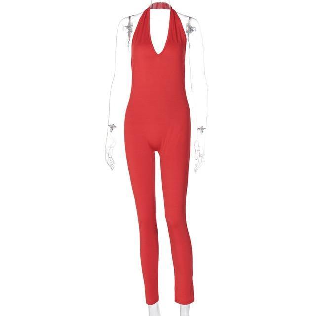 Simenual Solid Bodycon Halter Women Long Jumpsuits Skinny Backless Sleeveless Workout Overalls Sportswear Fashion Basic Jumpsuit - souvikdeysample
