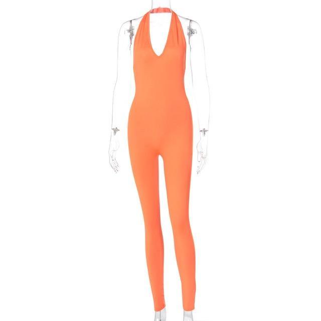 Simenual Solid Bodycon Halter Women Long Jumpsuits Skinny Backless Sleeveless Workout Overalls Sportswear Fashion Basic Jumpsuit - souvikdeysample