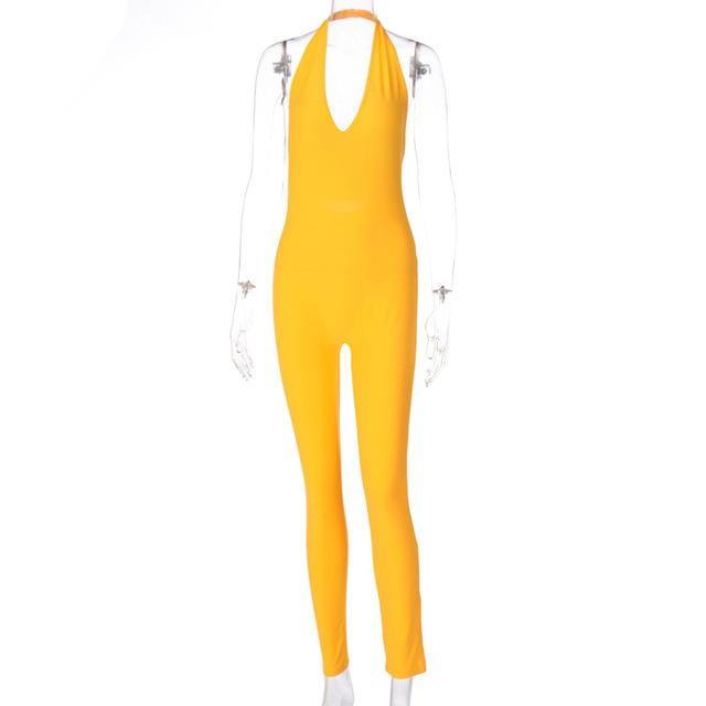 Simenual Solid Bodycon Halter Women Long Jumpsuits Skinny Backless Sleeveless Workout Overalls Sportswear Fashion Basic Jumpsuit - souvikdeysample