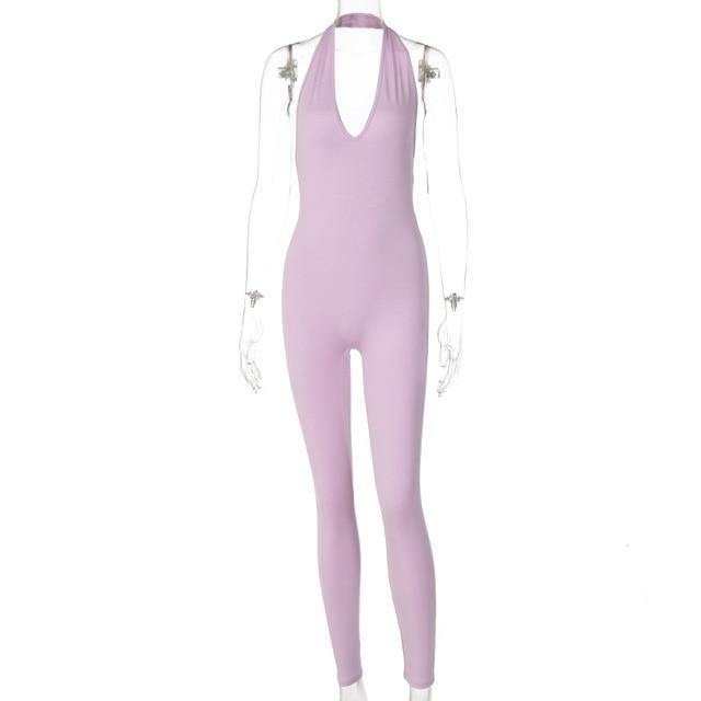 Simenual Solid Bodycon Halter Women Long Jumpsuits Skinny Backless Sleeveless Workout Overalls Sportswear Fashion Basic Jumpsuit - souvikdeysample