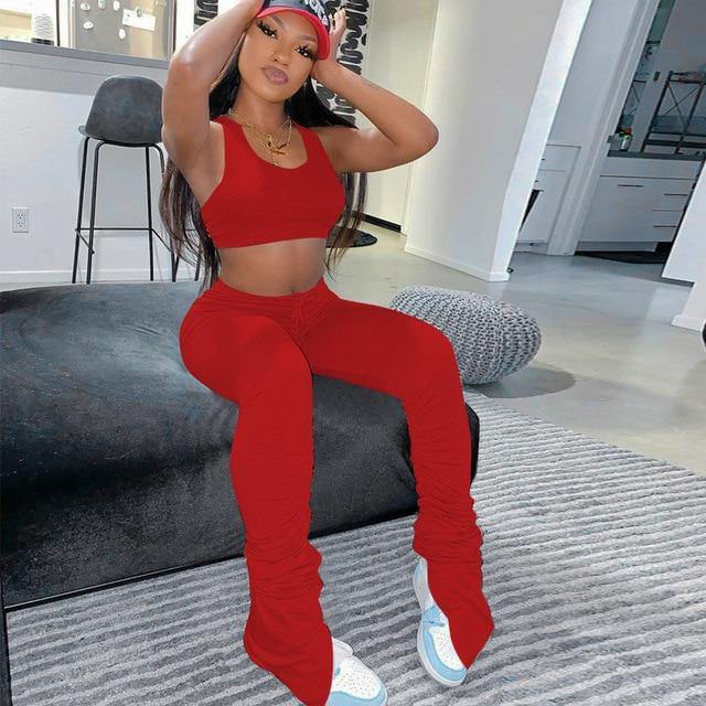 Simenual Tank Top And Stacked Pants 2 Piece Set Women Casual Sportswear Sleeveless Tracksuits Fashion Workout Grey Matching Sets - souvikdeysample