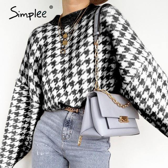 Simplee Women geometric khaki knitted sweater women casual Houndstooth lady pullover sweater female Autumn winter retro jumper - souvikdeysample
