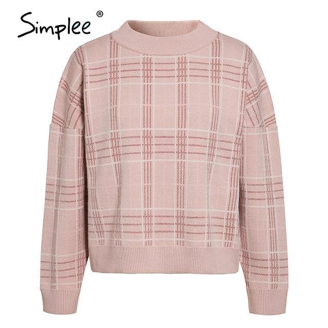 Simplee Women geometric khaki knitted sweater women casual Houndstooth lady pullover sweater female Autumn winter retro jumper - souvikdeysample