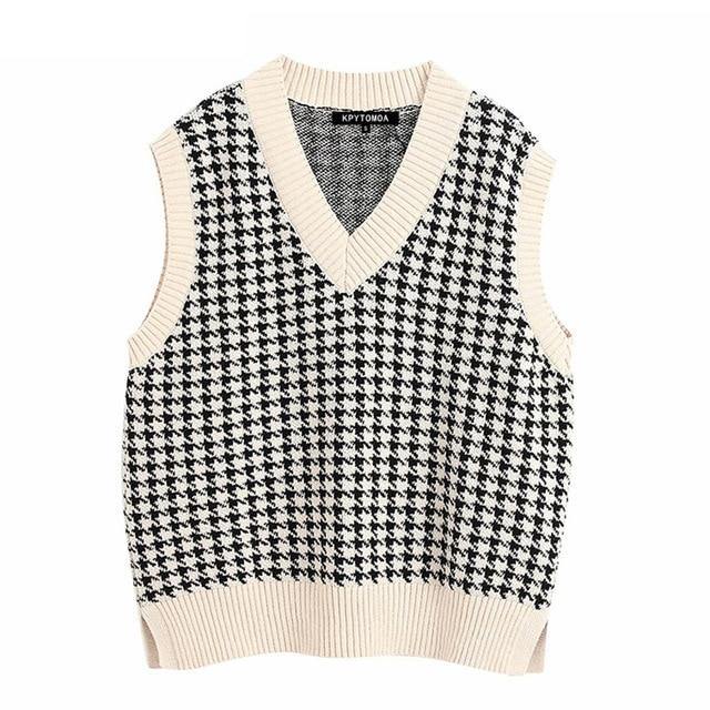 KPYTOMOA Women 2020 Fashion Oversized Houndstooth Knitted Vest Sweater Vintage Sleeveless Side Vents Female Waistcoat Chic Tops - souvikdeysample