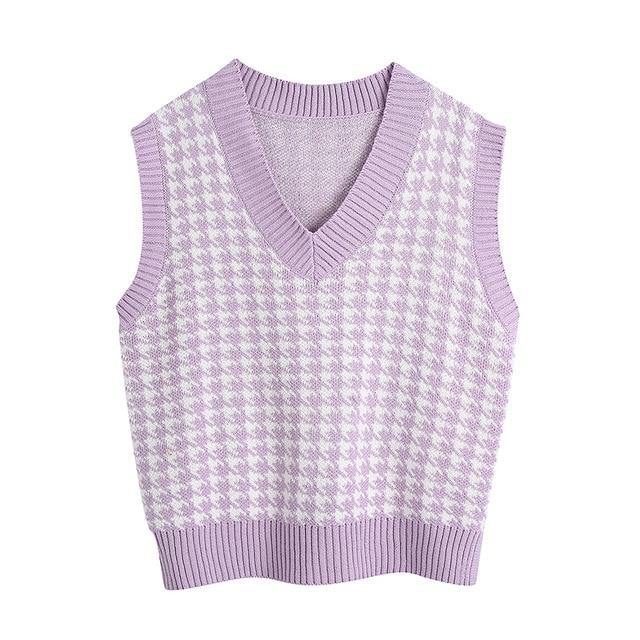 KPYTOMOA Women 2020 Fashion Oversized Houndstooth Knitted Vest Sweater Vintage Sleeveless Side Vents Female Waistcoat Chic Tops - souvikdeysample