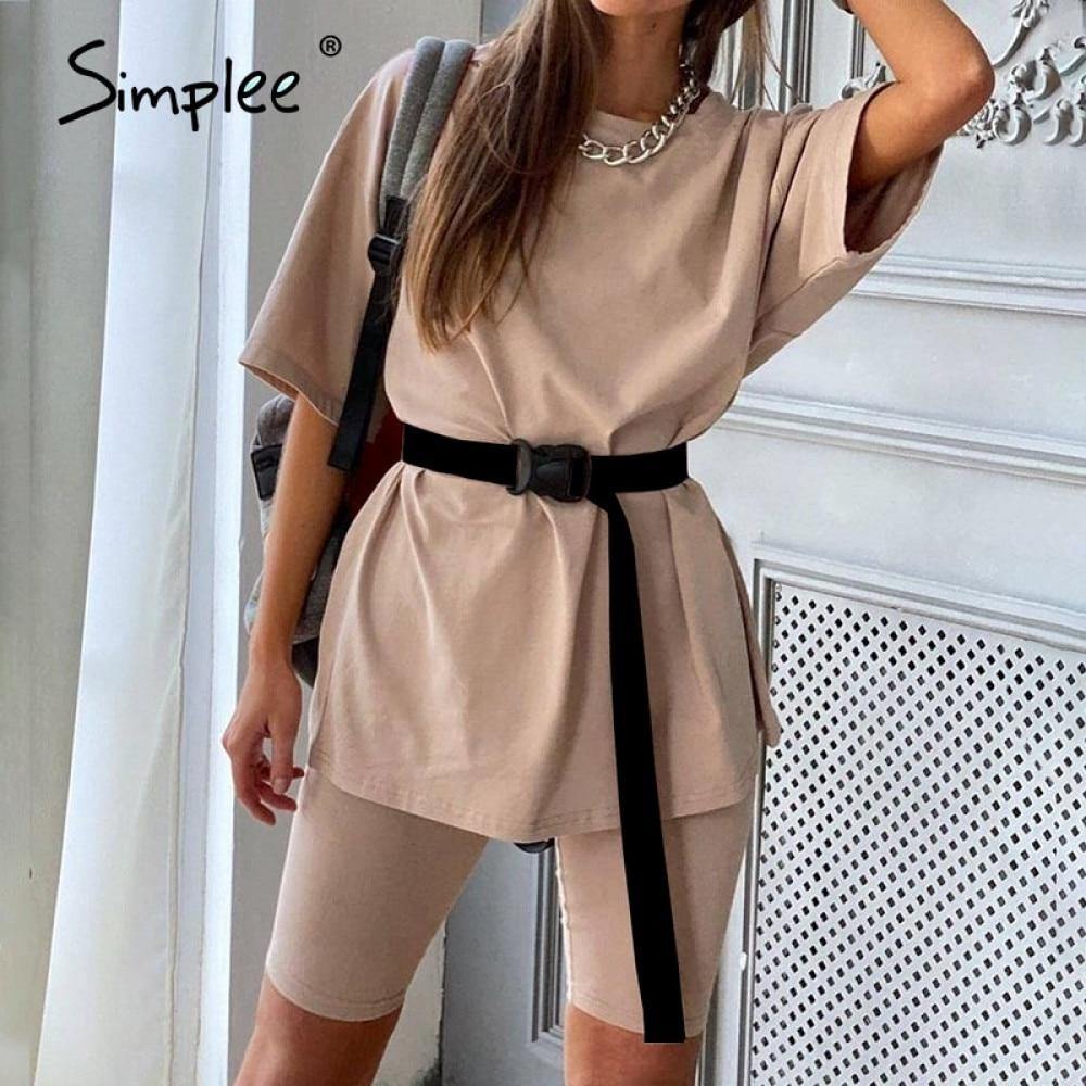 Simplee Casual Solid Outfits Women's Two Piece Suit with Belt Home Loose Sports Tracksuits Fashion Bicycle Summer Hot Suit 2020 - souvikdeysample