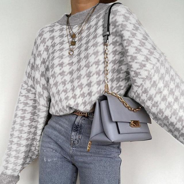 Simplee Women geometric khaki knitted sweater women casual Houndstooth lady pullover sweater female Autumn winter retro jumper - souvikdeysample