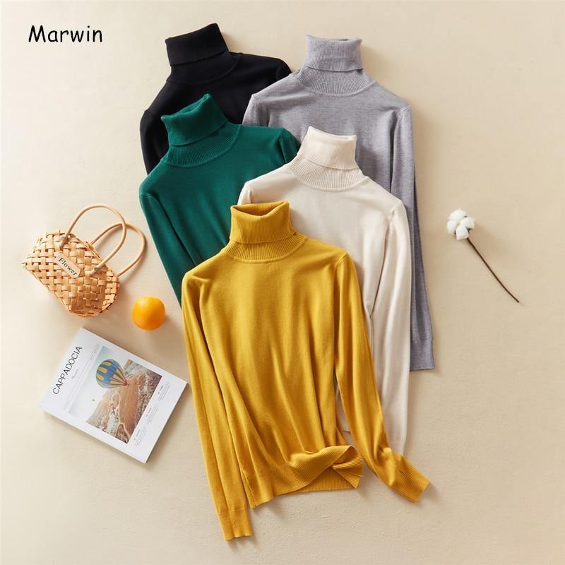 Marwin 2020 New-Coming Autumn Winter Solid Turn-Down Collar Pullovers Female Thick Turtleneck Knitted High Street  Women Sweater - souvikdeysample