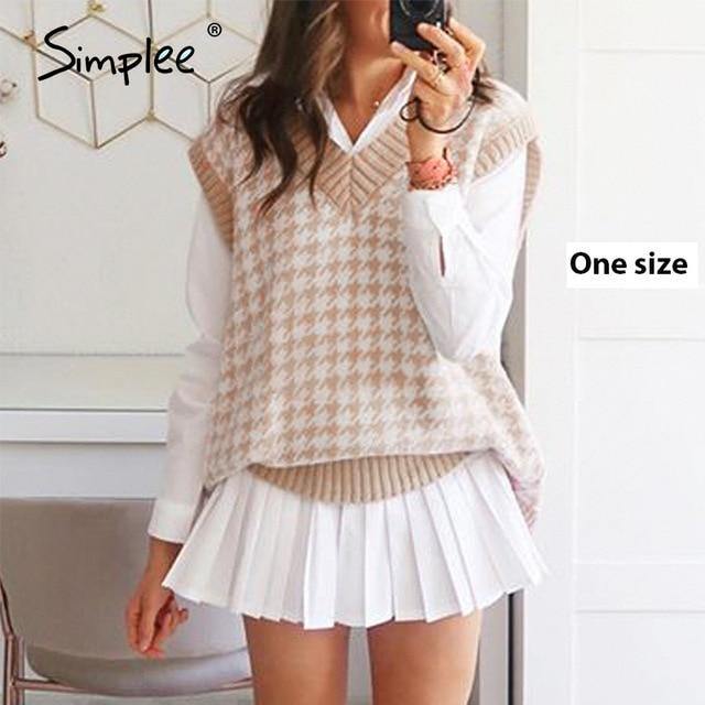 Simplee Women geometric khaki knitted sweater women casual Houndstooth lady pullover sweater female Autumn winter retro jumper - souvikdeysample