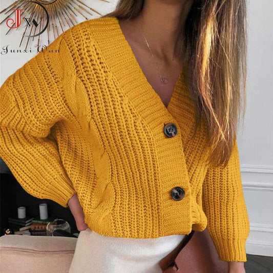 Women Short Cardigan Knitted Sweater Autumn Winter Long Sleeve V neck Jumper Cardigans Casual Streetwear Fashion Pull Femme Coat - souvikdeysample