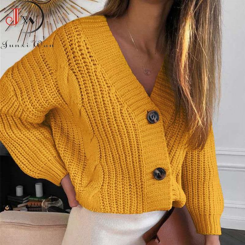 Women Short Cardigan Knitted Sweater Autumn Winter Long Sleeve V neck Jumper Cardigans Casual Streetwear Fashion Pull Femme Coat - souvikdeysample