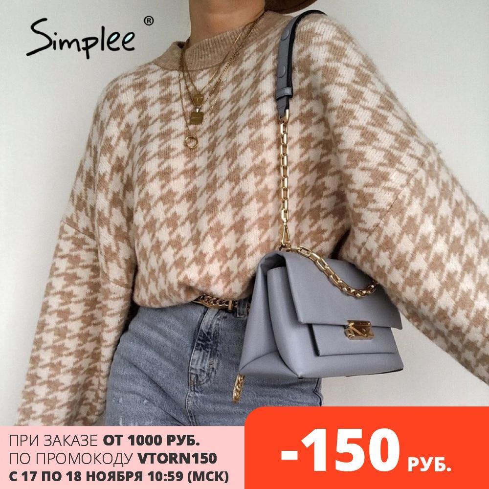 Simplee Women geometric khaki knitted sweater women casual Houndstooth lady pullover sweater female Autumn winter retro jumper - souvikdeysample